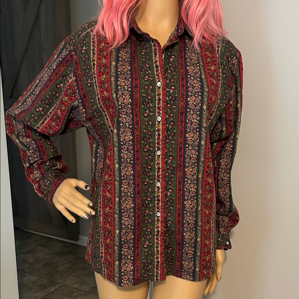 Vintage L.L. Bean Floral Striped Button-Up Blouse